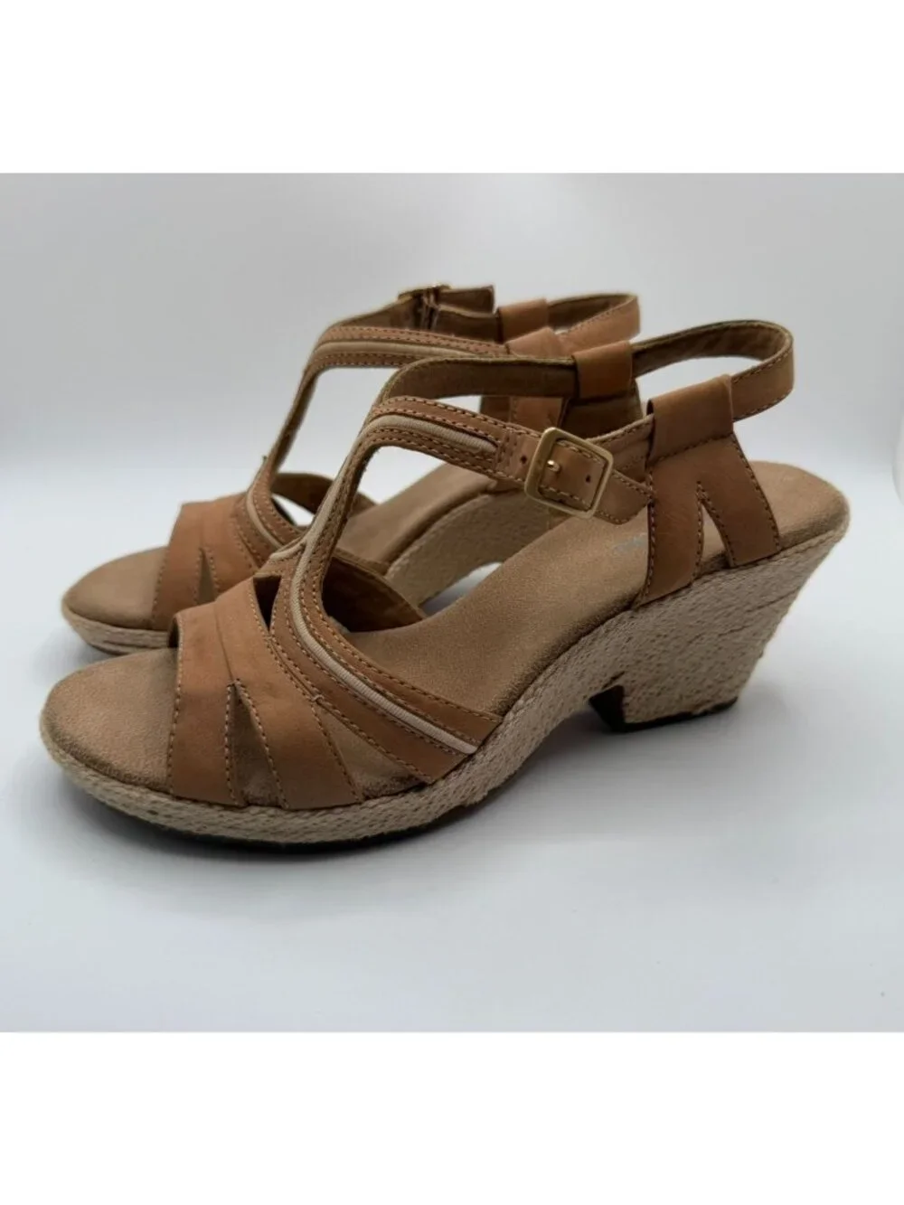 Clarks Rose Limo Wedge Sandals Women Size 7.5M Brown Beige Low Heel Shoes